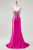 Sparkly Mermaid Blush Spaghetti Straps Corset Long Formal Dress with Sequins