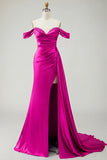 Mermaid Off the Shoulder Beaded Ruched Satin Golden Long Formal Dress with Slit