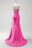 Sparkly Burgundy Mermaid Strapless Ruffled Corset Satin Long Formal Dress with Slit