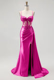 Sparkly Champagne Mermaid Corset Beaded Side Streamer Long Formal Dress with Slit