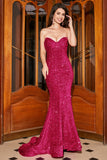 Red Mermaid Sweetheart Sweep Train Formal Dress With Sequins