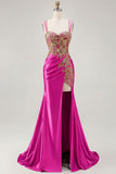 Sparkly Dark Green Satin Mermaid Beaded Sequin Long Formal Dress with Slit