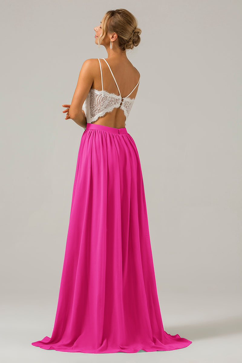 Load image into Gallery viewer, Spaghetti Straps Fuchsia A-line Chiffon Long Bridesmaid Dress with Lace