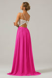 Spaghetti Straps Fuchsia A-line Chiffon Long Bridesmaid Dress with Lace