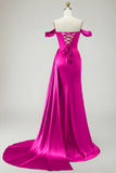 Mermaid Off the Shoulder Beaded Ruched Satin Golden Long Formal Dress with Slit