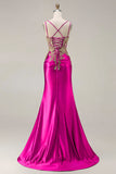 Sparkly Dark Green Satin Mermaid Beaded Sequin Long Formal Dress with Slit