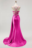 Sparkly Champagne Mermaid Corset Beaded Side Streamer Long Formal Dress with Slit