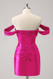 Fuchsia Tight Off the Shoulder Corset Satin Cocktail Dress