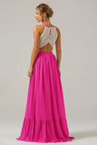 Keyhole Lavender Halter Boho Chiffon Long Bridesmaid Dress with Lace