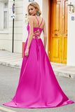 Fuchsia A Line Spaghetti Straps Long Formal Dress with Appliques