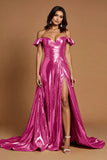 Golden Metallic Ruffled A Line Long Formal Dress with Slit