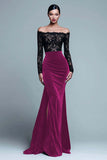Off The Shoulder Mermaid Lace Velvet Black Formal Dress With Slit