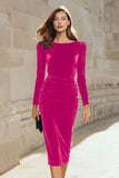 Dark Green Sheath Velvet Ruched Midi Work Dress with Long Sleeve