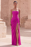 Light Pink Strapless Sheath Ruched Long Formal Dress with Slit