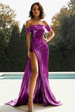 Gold Off The Shoulder Sheath Metallic Formal Dress With Slit