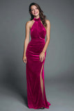 Halter Burgundy Velvet Sheath Ruched Formal Dress with Slit