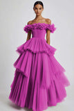 Black Tulle Off The Shoulder Ball Gown Long Formal Dress with Ruffles