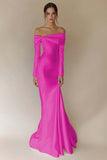 White Off The Shoulder Satin Mermaid Formal Dress with Long Sleeves