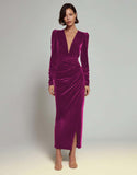 Olive Sheath V-Neck Ruched Velvet Long Formal Dress with slit