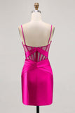 Royal Blue Satin Bodycon Ruched Short Corset Cocktail Dress with Slit