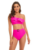 Fuchsia One Shoulder High Waist Two Pieces Swimsuit