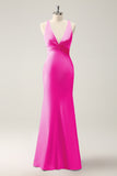 Terracotta Mermaid V Neck Satin Long Bridesmaid Dress