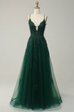 Green A-Line Spaghetti Straps Tulle Long Formal Dress with Criss Cross Back