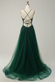 Green A-Line Spaghetti Straps Tulle Long Formal Dress with Criss Cross Back