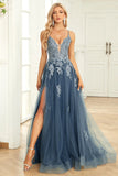 A Line Spaghetti Straps Grey Blue Long Formal Dress with Appliques