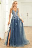 A Line Spaghetti Straps Grey Blue Long Formal Dress with Appliques