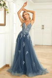 A Line Spaghetti Straps Grey Blue Long Formal Dress with Appliques