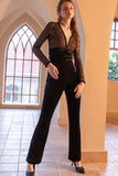 Black V-Neck Sequin Long Jumpsuit with Long Sleeves