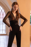 Black V-Neck Sequin Long Jumpsuit with Long Sleeves