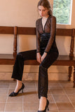 Black V-Neck Sequin Long Jumpsuit with Long Sleeves