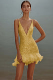 Sparkly White Bodycon V Neck Sequin Ruffled Short Graduation Dress