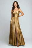 Sliver A Line Metallic Pleated Long Formal Dress With Slit