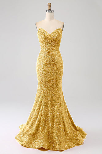 Golden Mermaid Sweetheart Sweep Train Formal Dress With Sequins