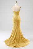 Golden Mermaid Sweetheart Sweep Train Formal Dress With Sequins