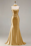 Strapless Mermaid Sparkly Champagne Satin Beaded Convertible Long Formal Dress