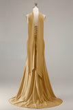 Strapless Mermaid Sparkly Champagne Satin Beaded Convertible Long Formal Dress