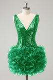 Glitter Dark Green V Neck Sequins Cocktail Dress with Detachable Ruffles