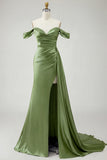 Mermaid Off the Shoulder Beaded Ruched Satin Golden Long Formal Dress with Slit