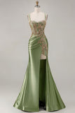Sparkly Dark Green Satin Mermaid Beaded Sequin Long Formal Dress with Slit