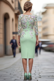 Light Blue Bateau Neck Bodycon Appliqued Midi Mother of the Bride Dress with 3/4 Sleeves