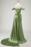 Mermaid Off the Shoulder Beaded Ruched Satin Golden Long Formal Dress with Slit