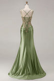 Sparkly Dark Green Satin Mermaid Beaded Sequin Long Formal Dress with Slit