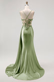 Sparkly Champagne Mermaid Corset Beaded Side Streamer Long Formal Dress with Slit