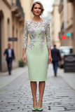 Light Blue Bateau Neck Bodycon Appliqued Midi Mother of the Bride Dress with 3/4 Sleeves