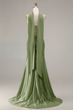 Strapless Mermaid Sparkly Champagne Satin Beaded Convertible Long Formal Dress