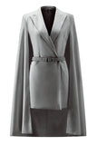 White Satin Peak Lapel Bodycon Mini Work Dress with Cape